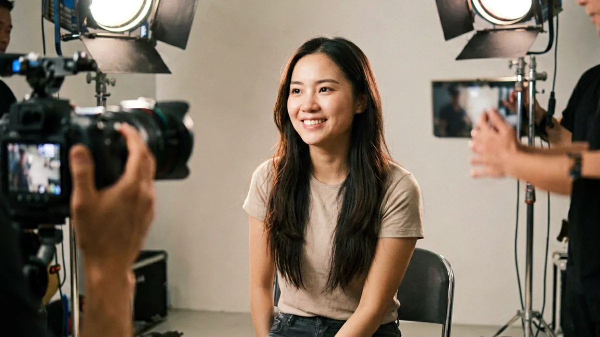 台北娜娜七月下旬发布新作品的现场花絮图，镜头前神态自然、妆容精致