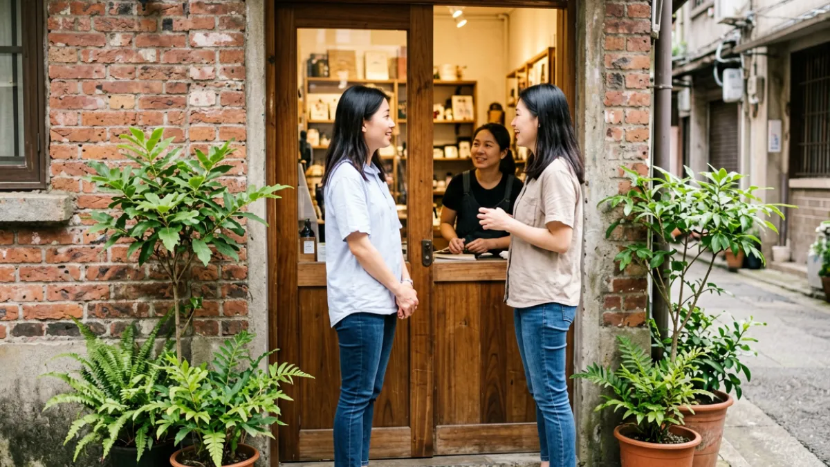台北娜娜在台北某条小巷探店，镜头记录她与店主交流的自然瞬间，周围是传统砖墙和盆栽