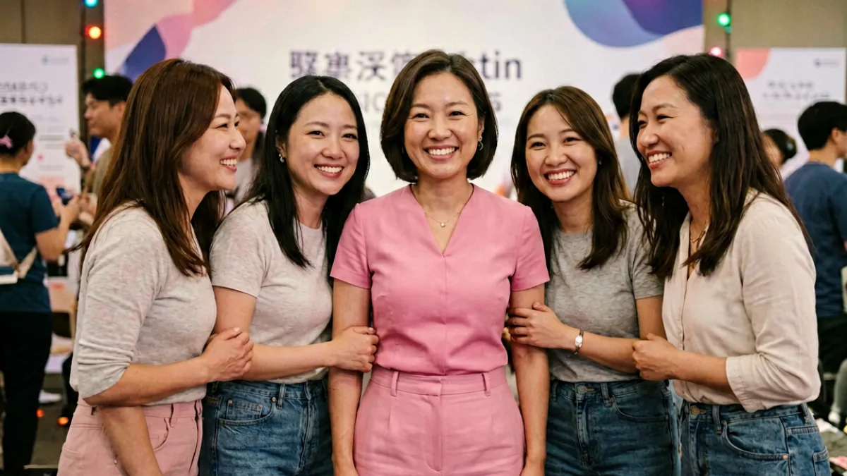 台北娜娜近期活动现场，她身着粉色服装与粉丝合影互动的温馨画面